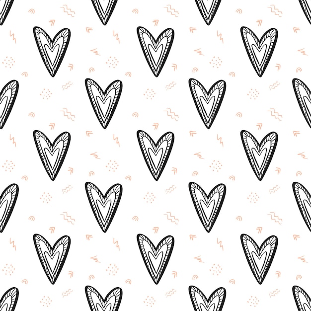 Hand drawn seamless pattern for Valentines Day on white background. Can be used for wallpaper, pattern fills, web page background,surface textures.