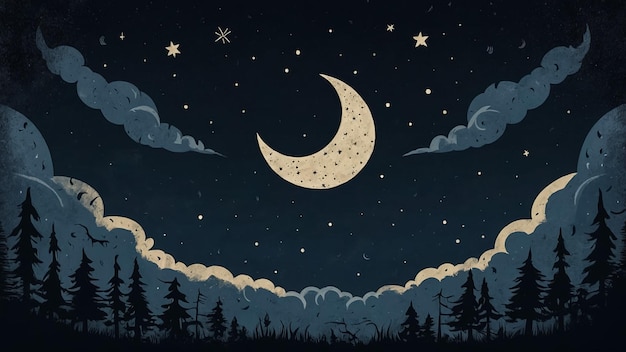 Hand drawn seamless pattern with clouds moon stars Vector starry moonlight night background