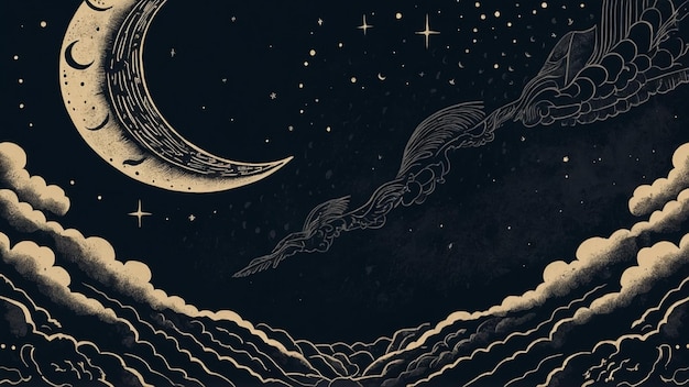 Hand drawn seamless pattern with clouds moon stars Vector starry moonlight night background