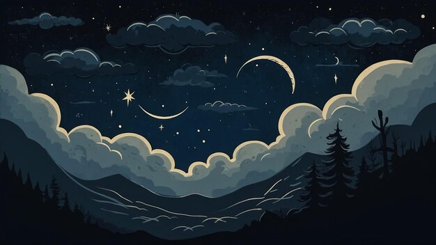 Hand drawn seamless pattern with clouds moon stars Vector starry moonlight night background