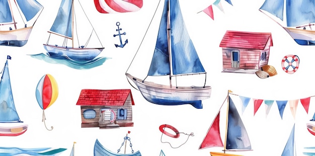 Hand drawn seamless watercolor nautical pattern with vessels ships sailboats anchors wheels lifebuoys coastal houses garlands of flags Isolated white background with nautical boats