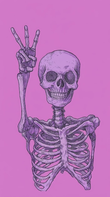 Photo hand drawn skeleton with peace sign on pink background vector illustration