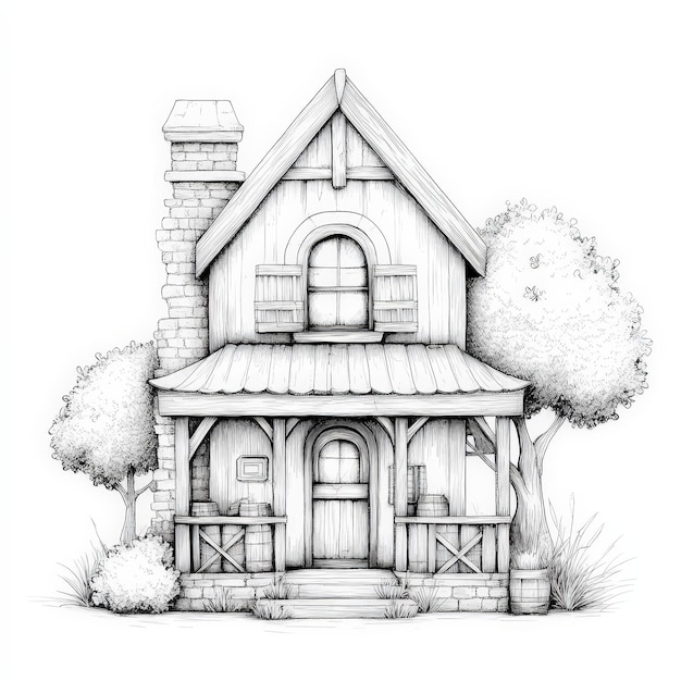 Photo hand drawn sketch of a cozy cottage with a porch and a tree