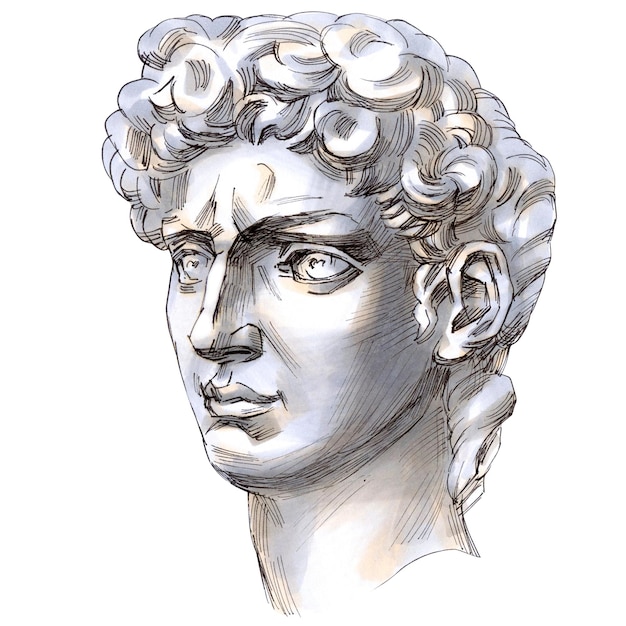 Hand drawn sketch marker illustration of renaissance sculpture Head of David of Michelangelo