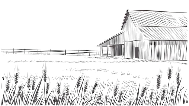 Photo hand drawn sketch of a rustic barn with wheat field