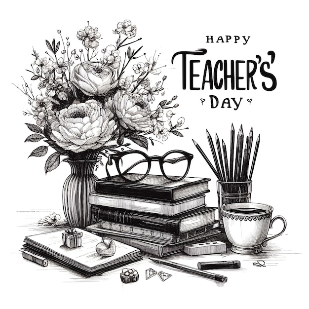 Photo a hand drawn sketch for teachers day featuring a stack of books a vase with blooming flowers