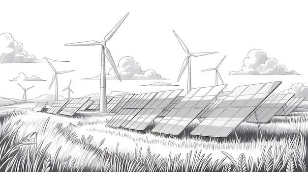 Photo hand drawn sketch of wind turbines and solar panels in a grassy field sustainable energy art