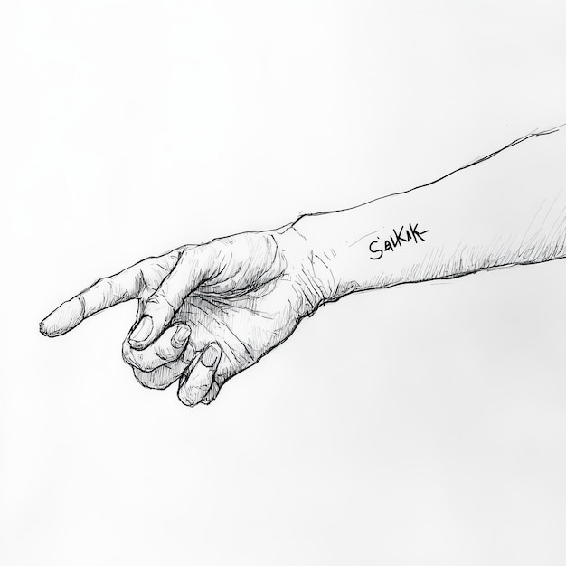 Photo hand drawn sketch of a womans hand pointing at the text