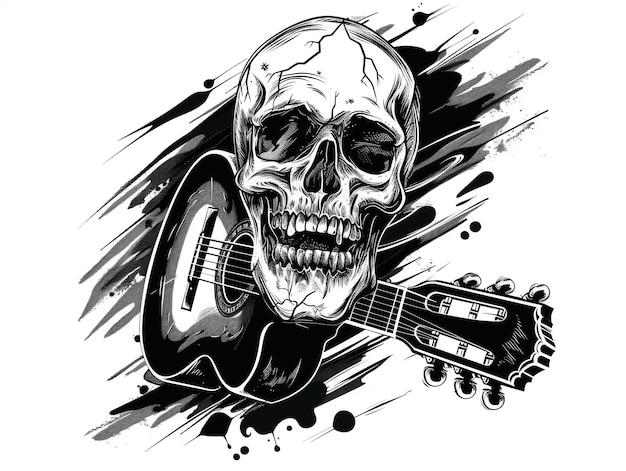 Hand drawn Skull Cartoon and guitar rock vintage lines illustration design for POD print on demand on white background