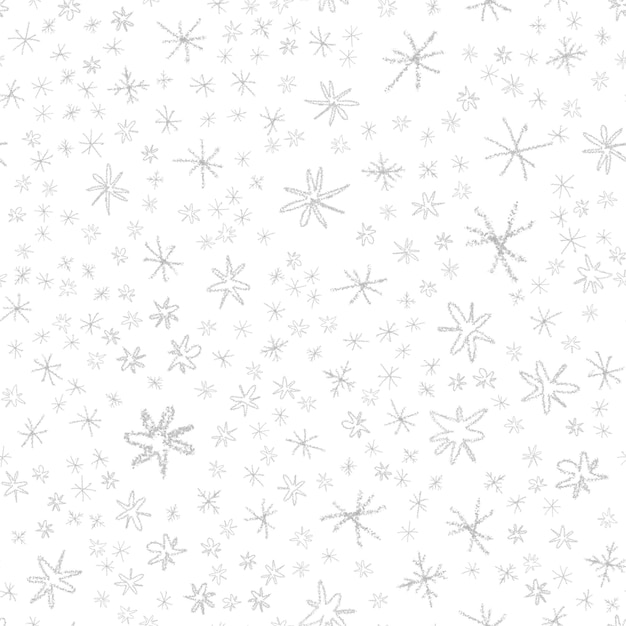 Hand Drawn Snowflakes Christmas Seamless Pattern. Subtle Flying Snow Flakes on chalk snowflakes Background. Amusing chalk handdrawn snow overlay. Comely holiday season decoration.