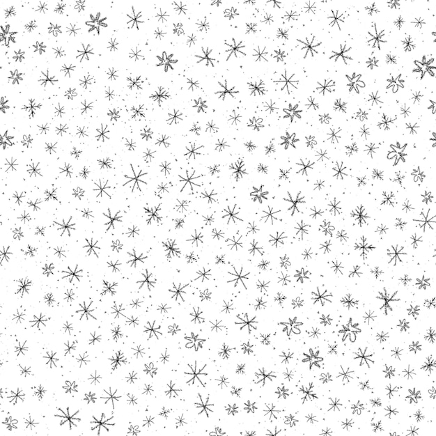 Hand Drawn Snowflakes Christmas Seamless Pattern. Subtle Flying Snow Flakes on chalk snowflakes Background. Amusing chalk handdrawn snow overlay. Likable holiday season decoration.