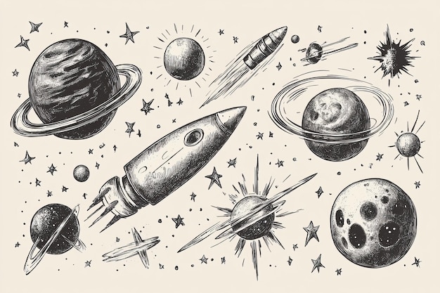 Photo hand drawn space exploration elements