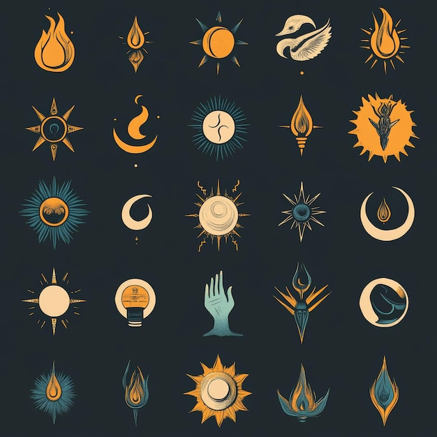 Hand Drawn Sun and Moon Symbols Celestial Design Elements