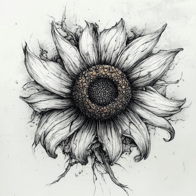 Hand drawn sunflower Black and white drawing on white background