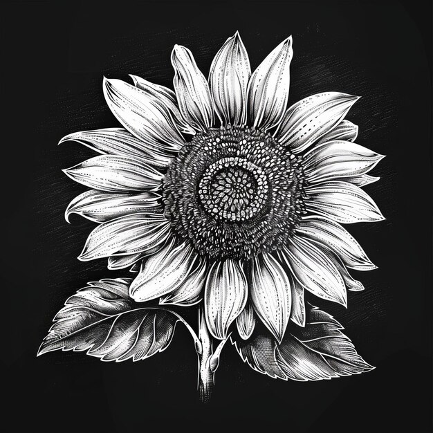 Hand drawn sunflower on blackboard Black and white illustration