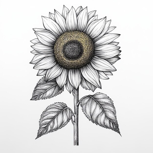 Hand drawn sunflower on white background Black and white illustration