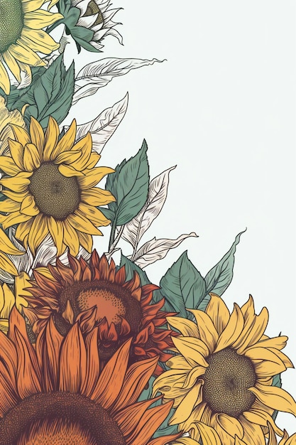 A hand drawn sunflowers with a white background.