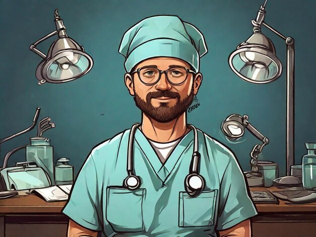 Hand drawn surgeon cartoon illustration