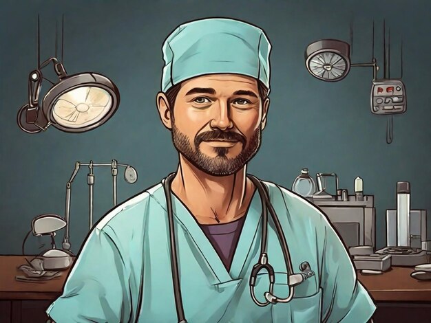 Hand drawn surgeon cartoon illustration