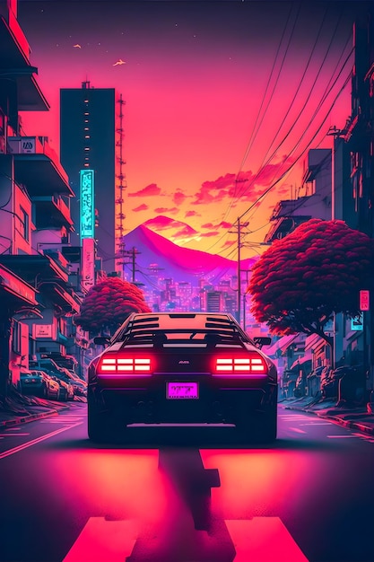 Hand drawn synthwave Japan illustration