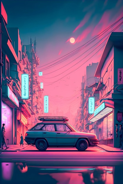 Hand drawn synthwave Japan illustration