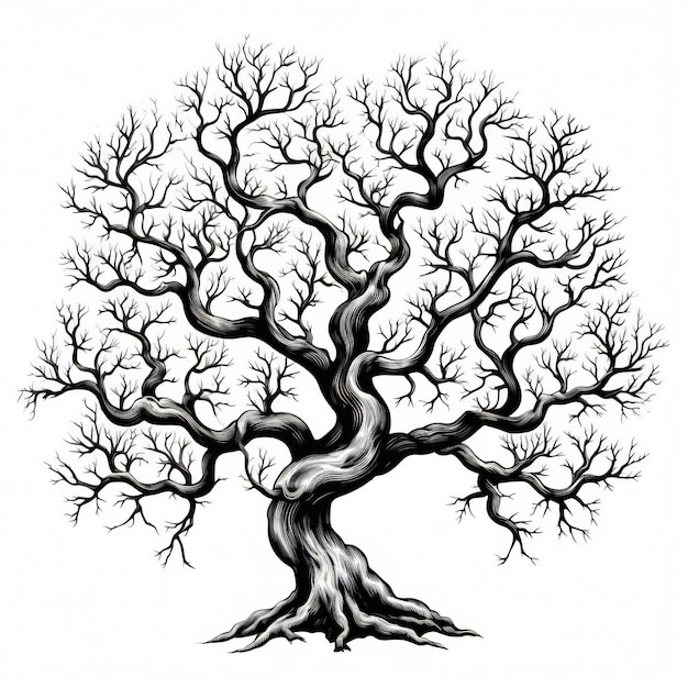 hand drawn tree black white silhouette