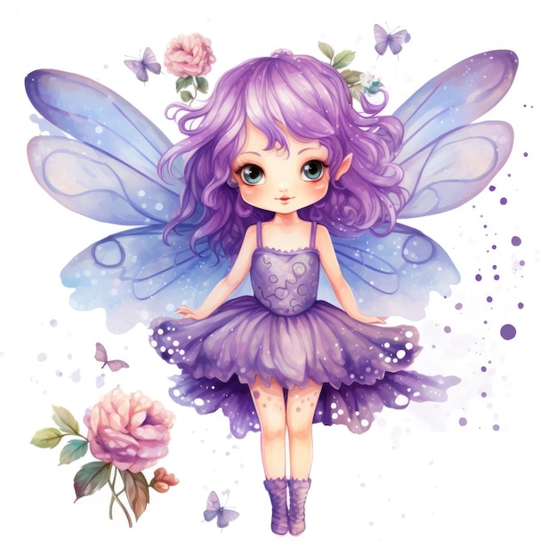 Hand drawn vector Cute fairy full body purple hair Clipart watercolor white background v 52 Job ID 0d8c8f667bd94a40ab6bf817011cfc35