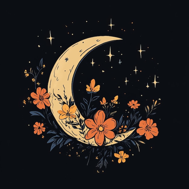 Photo hand drawn vector illustration of the moon with flowers and leaves on a black background