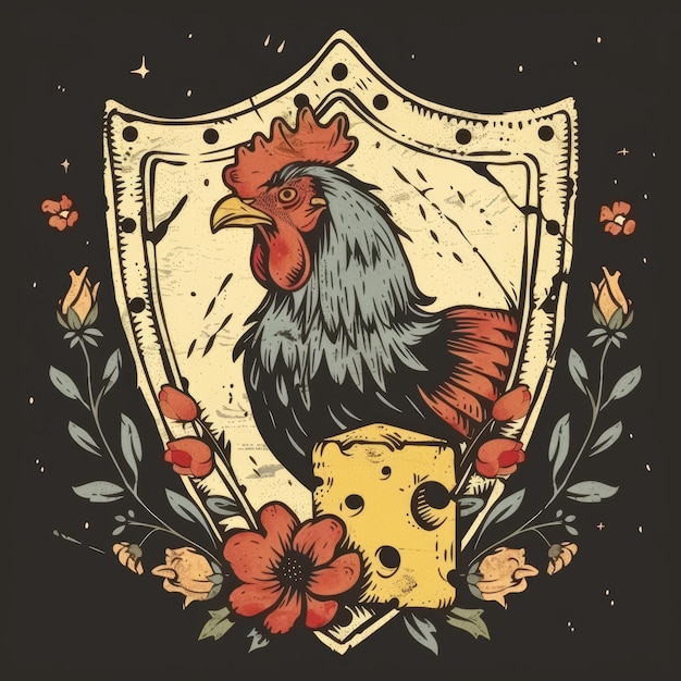 Hand drawn vector illustration of a rooster with a cheese and flowers