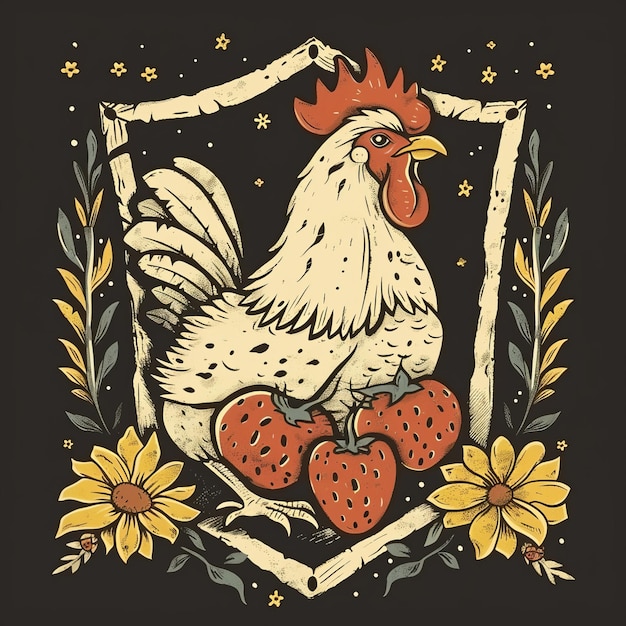 Hand drawn vector illustration of a rooster with flowers and strawberries