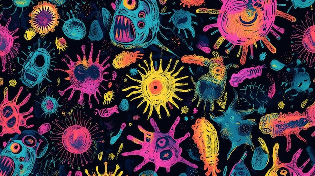 Hand drawn vector patterns resembling viruses and germs