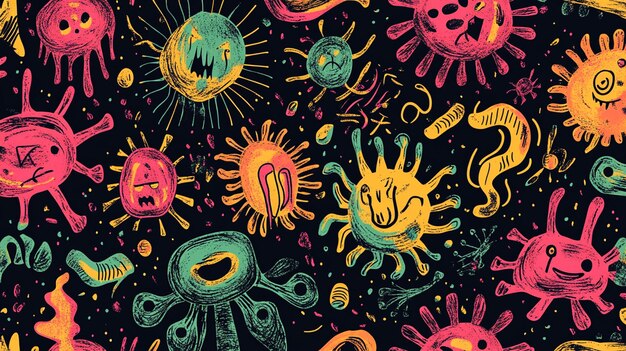 Hand drawn vector patterns resembling viruses and germs