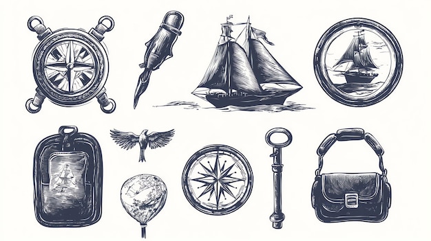 Photo hand drawn vintage nautical illustrations