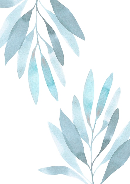 Hand drawn watercolor blue flowers and leaves post card Isolated on white Can be used for cards banners invitations label