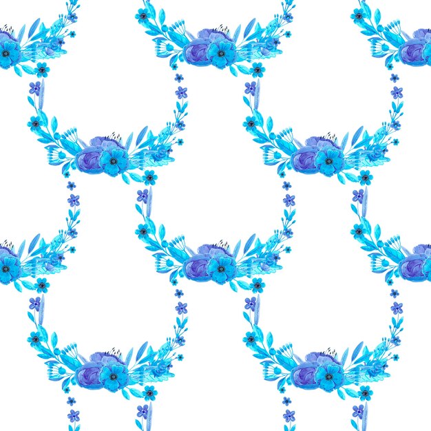 Hand drawn watercolor blue flowers and leaves wreath seamless pattern Isolated on white Can be used for textile patterns fabric giftwrapping