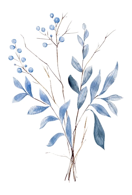 Hand Drawn Watercolor Bouquet Of Blue Branches Leaves