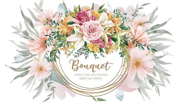 Hand drawn watercolor bouquet with place for your text Design for card invitation Floral arrangement with gold circle frame Wreath with flowers