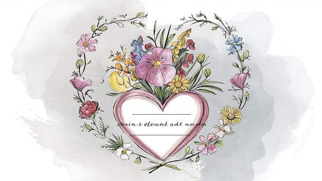 Photo hand drawn watercolor bouquet with place for your text design for card invitation floral arrangement with heart frame wreath with flowers