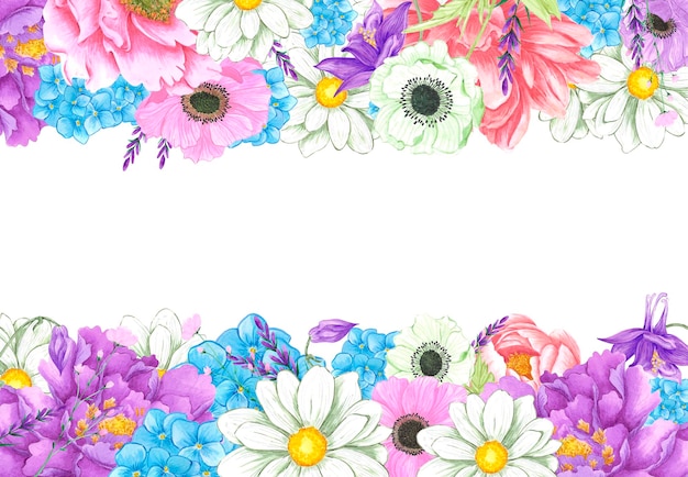 Hand drawn watercolor flowers bouquet frame border isolated on white background Can be used for post card label and other printed products