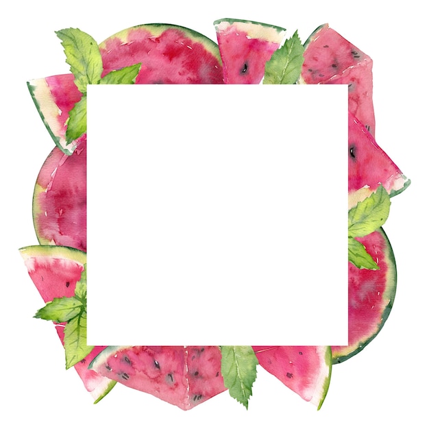 Hand drawn watercolor frame of juicy watermelon slice