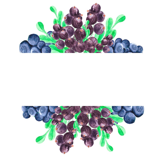Hand drawn watercolor frame with blueberry green leaves and black currants Scrapbook post card banner lable