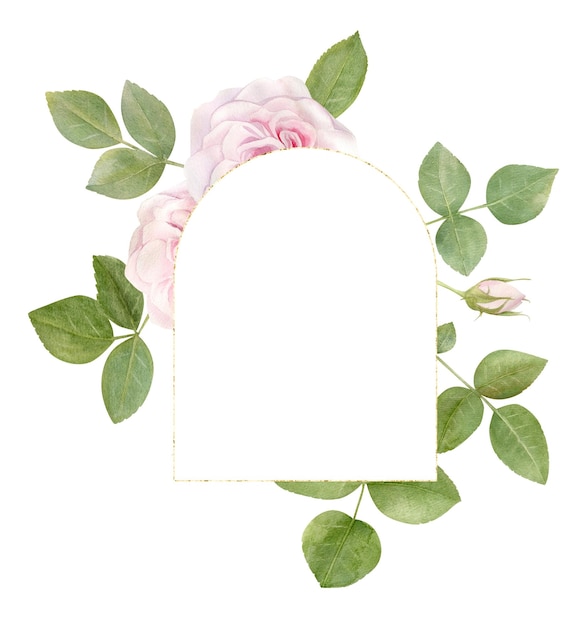 Hand drawn watercolor frame with pink rose flowers