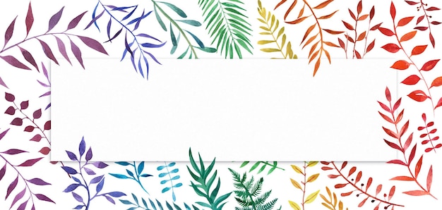 Hand drawn watercolor illustration of botanical branches Decorative graphic frame in rainbow color