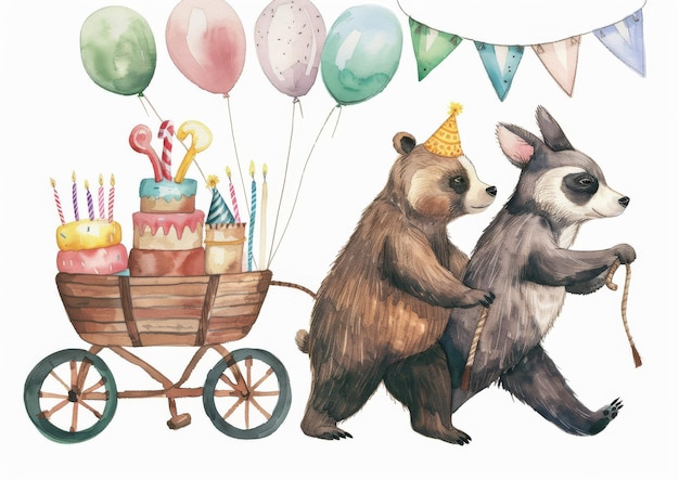 Photo hand drawn watercolor illustration of cute hand drawn animals on bikes and air balloons celebrating a baby39s birthday stock illustration of a bear badger rabbit and his pals