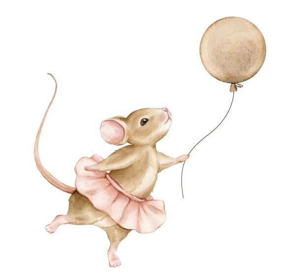 Hand drawn watercolor illustration mouse ballerina in a pink tutu and brown balloon Beige brown cute animals dancing ballet pose Baby animal illustration isolated for kids card Happy Birthday