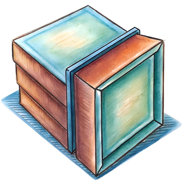 A hand drawn watercolor illustration of a stacked wooden box with a teal lid perfect for representing storage organization or shipping concepts