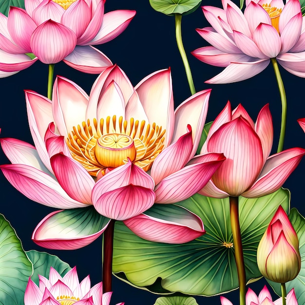 Hand Drawn Watercolor Illustration of Three Pink Lotus Flowers