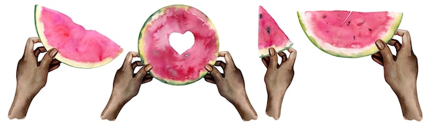 Hand drawn watercolor juicy watermelon slice in hands Set illustrations