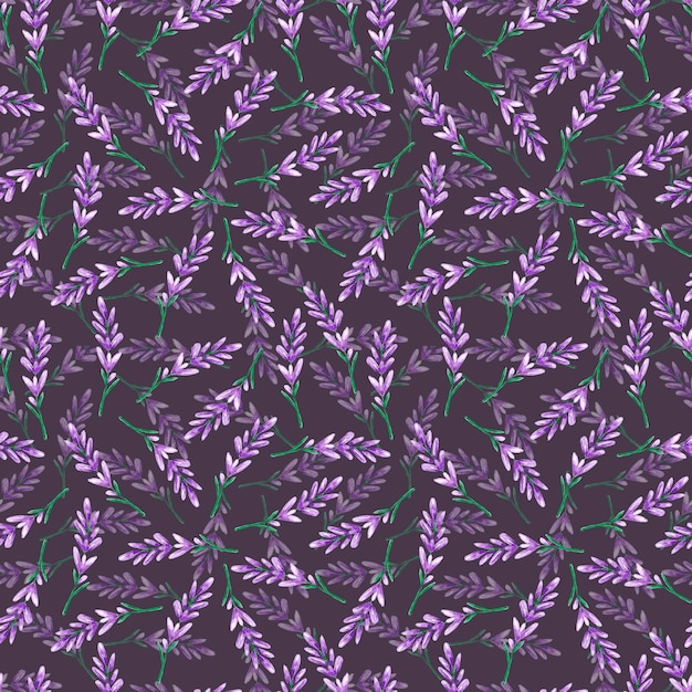 Photo hand drawn watercolor lavender wildflower seamless pattern isolated on dark background can be used for textile fabric and other printed products