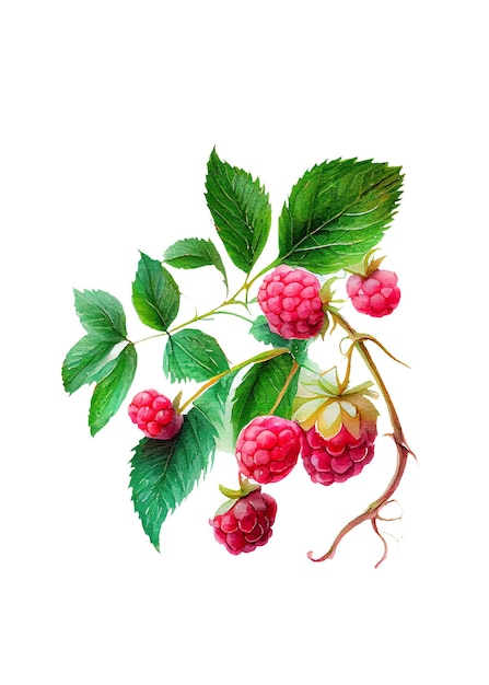 Hand drawn watercolor painting raspberry on white background